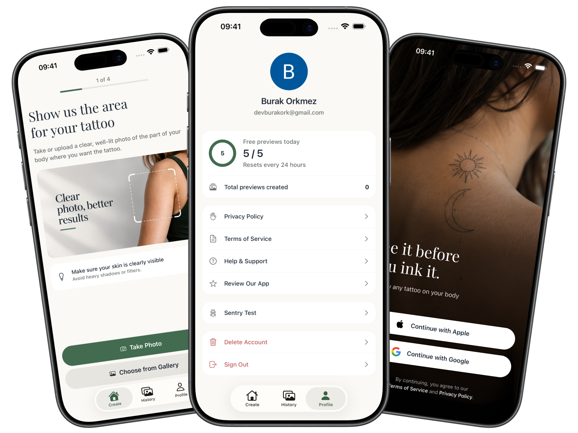 Three Inkly app screens: the photo step of the create wizard, the profile with daily preview quota, and the sign-in screen